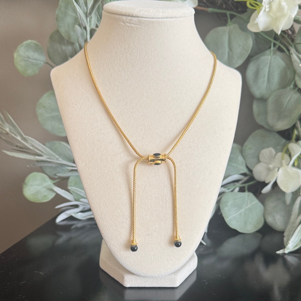 Vintage Gold Tone Rope Chain Fixed Lariat Necklace Black Cabochon Drop 90s